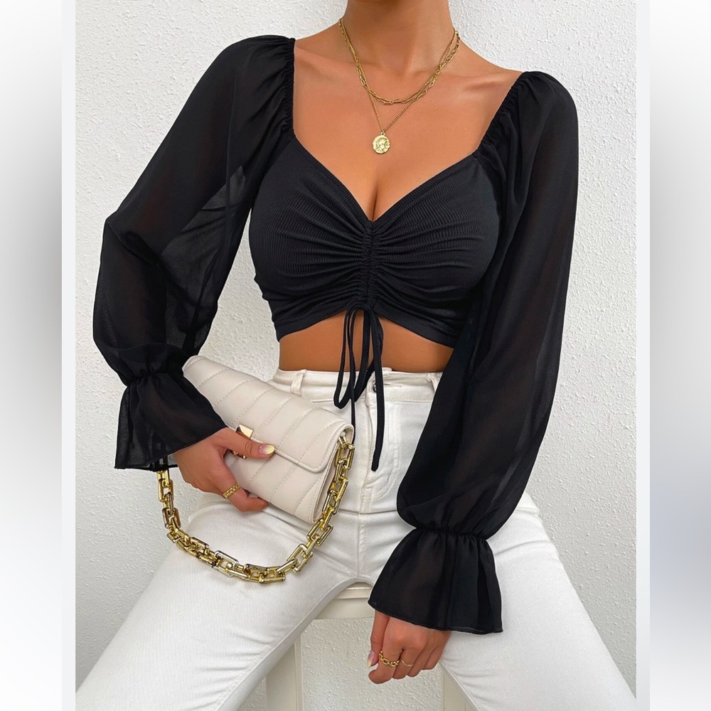 Black Drawstring Sweetheart Neck Cropped Top